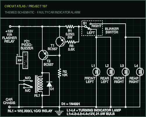 Circuit Atlas themed schematic for Faulty Car Indicator Alarm Circuit Atlas themed schematic for Faulty Car Indicator Alarm
