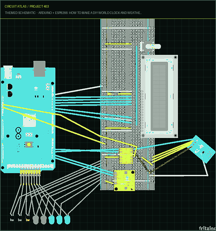 Circuit Atlas themed schematic for Arduino + ESP8266: How to Make a DIY World Clock and Weather Bot Circuit Atlas themed schematic for Arduino + ESP8266: How to Make a DIY World Clock and Weather Bot