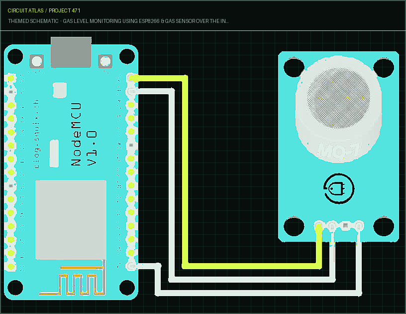 Circuit Atlas themed schematic for Gas Level Monitoring Using ESP8266 & Gas Sensor Over the Internet Circuit Atlas themed schematic for Gas Level Monitoring Using ESP8266 & Gas Sensor Over the Internet