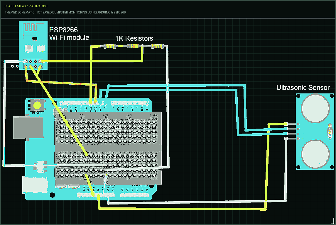 Circuit Atlas themed schematic for IOT Based Dumpster Monitoring using Arduino & ESP8266 Circuit Atlas themed schematic for IOT Based Dumpster Monitoring using Arduino & ESP8266