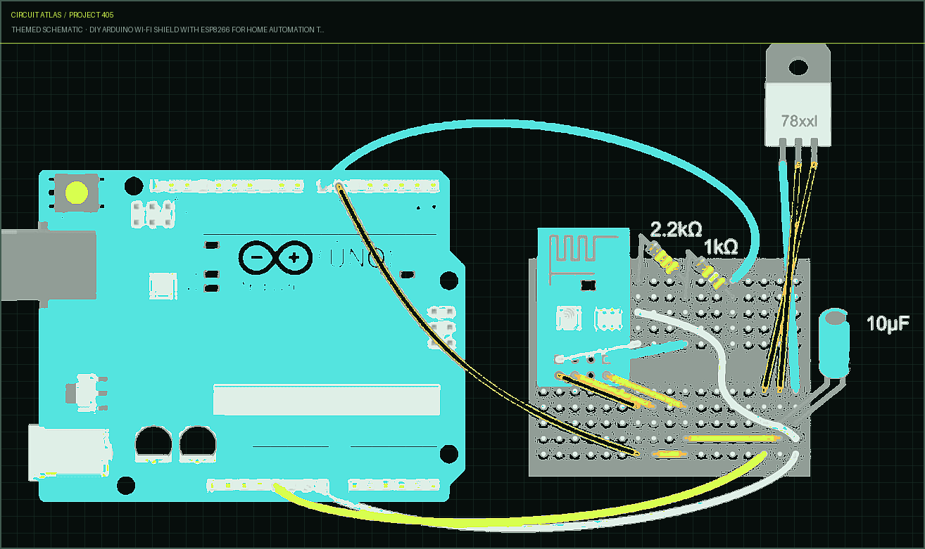 Circuit Atlas themed schematic for DIY Arduino Wi-Fi Shield with ESP8266 for Home Automation That Can Be Controlled by Voice Circuit Atlas themed schematic for DIY Arduino Wi-Fi Shield with ESP8266 for Home Automation That Can Be Controlled by Voice