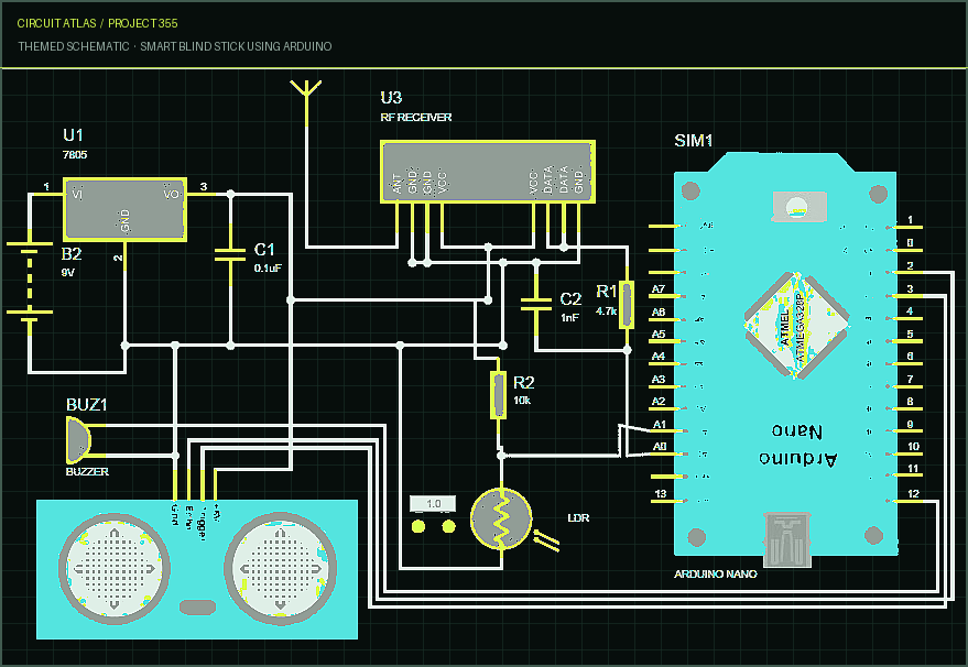 Circuit Atlas themed schematic for Smart Blind Stick using Arduino Circuit Atlas themed schematic for Smart Blind Stick using Arduino