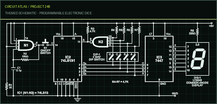 Circuit Atlas themed schematic for Programmable Electronic Dice Circuit Atlas themed schematic for Programmable Electronic Dice