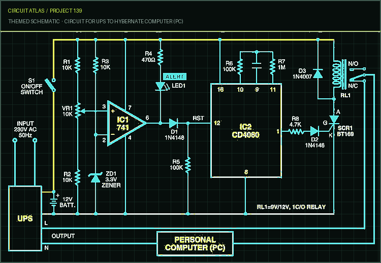 Circuit Atlas themed schematic for Circuit for UPS to Hybernate Computer (PC) Circuit Atlas themed schematic for Circuit for UPS to Hybernate Computer (PC)