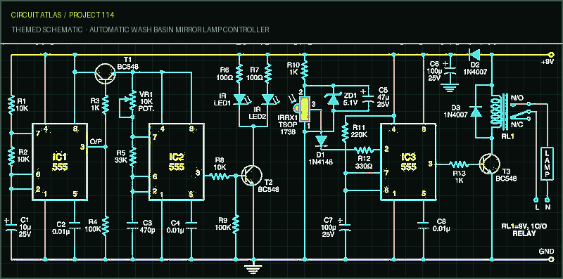 Circuit Atlas themed schematic for Automatic Wash Basin Mirror Lamp Controller Circuit Atlas themed schematic for Automatic Wash Basin Mirror Lamp Controller