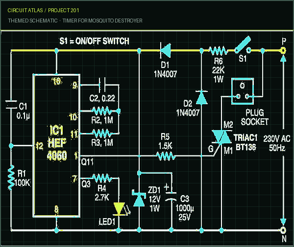 Circuit Atlas themed schematic for Timer for Mosquito Destroyer Circuit Atlas themed schematic for Timer for Mosquito Destroyer