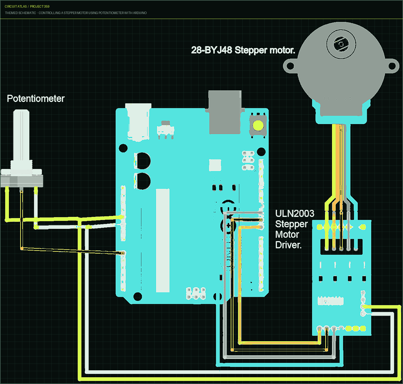 Circuit Atlas themed schematic for Controlling a Stepper Motor using Potentiometer with Arduino Circuit Atlas themed schematic for Controlling a Stepper Motor using Potentiometer with Arduino