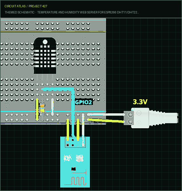 Circuit Atlas themed schematic for Temperature and Humidity Web Server for ESP8266 DHT11/DHT22 with Arduino IDE Circuit Atlas themed schematic for Temperature and Humidity Web Server for ESP8266 DHT11/DHT22 with Arduino IDE