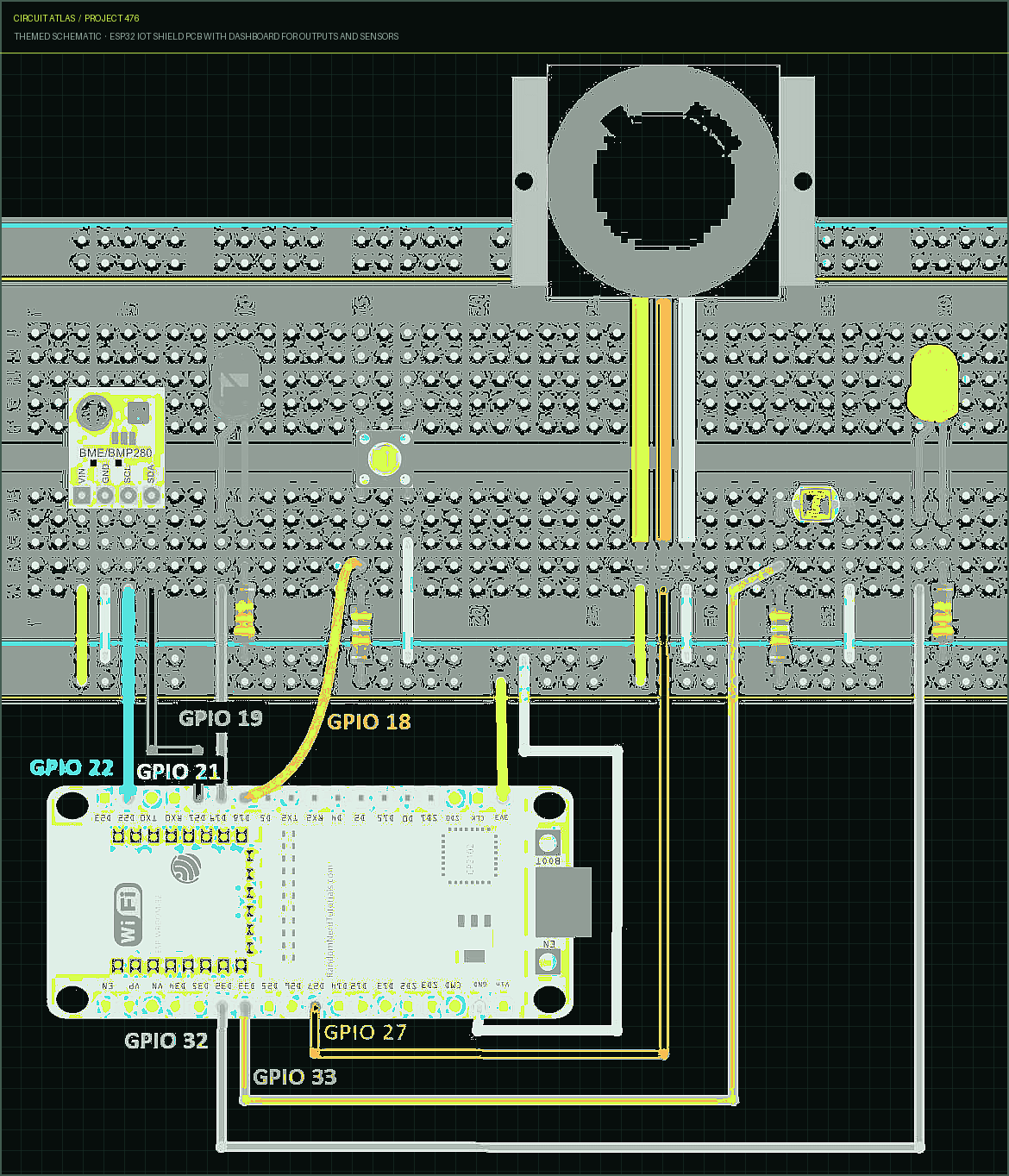Circuit Atlas themed schematic for ESP32 IoT Shield PCB with Dashboard for Outputs and Sensors Circuit Atlas themed schematic for ESP32 IoT Shield PCB with Dashboard for Outputs and Sensors