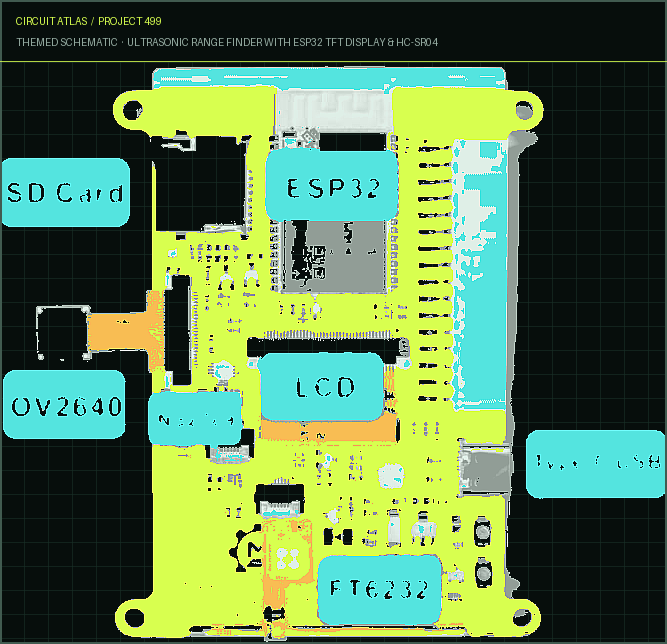 Circuit Atlas themed schematic for Ultrasonic Range Finder with ESP32 TFT Display & HC-SR04 Circuit Atlas themed schematic for Ultrasonic Range Finder with ESP32 TFT Display & HC-SR04