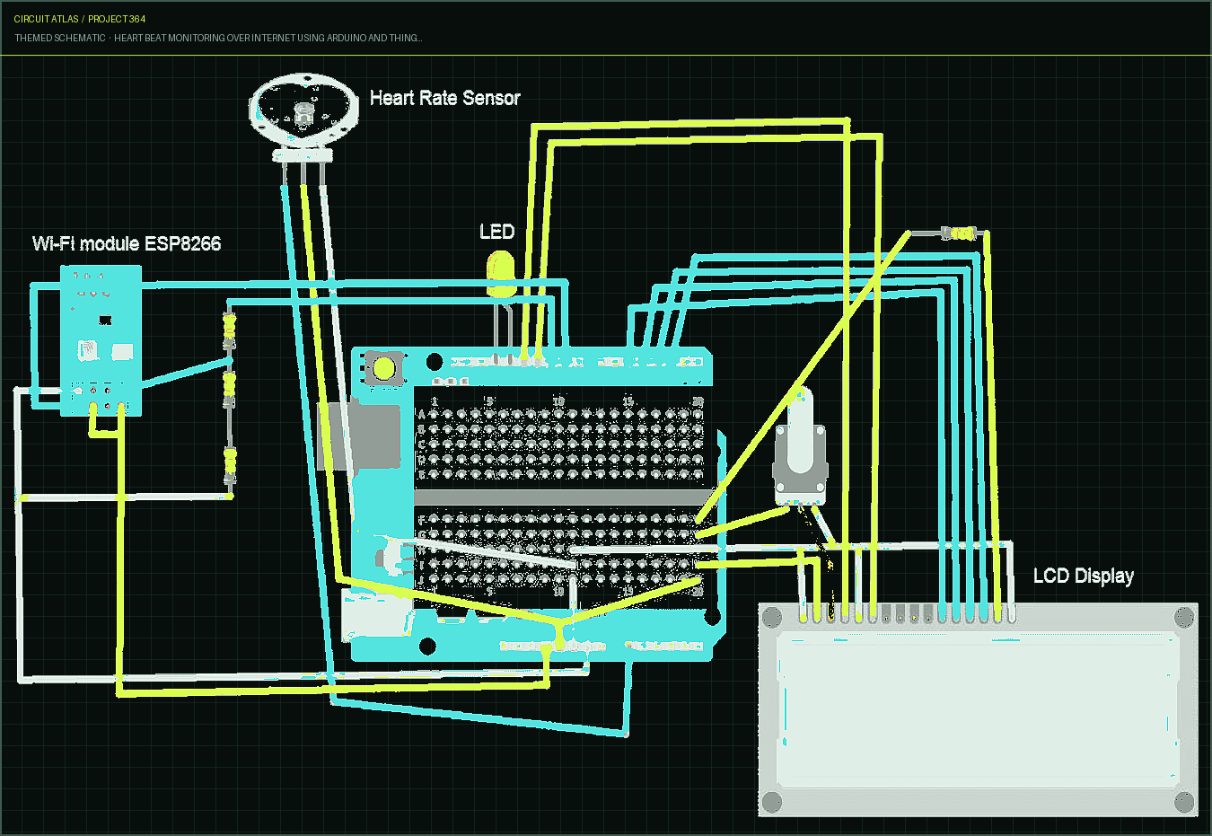 Circuit Atlas themed schematic for Heart Beat Monitoring over Internet using Arduino and ThingSpeak Circuit Atlas themed schematic for Heart Beat Monitoring over Internet using Arduino and ThingSpeak
