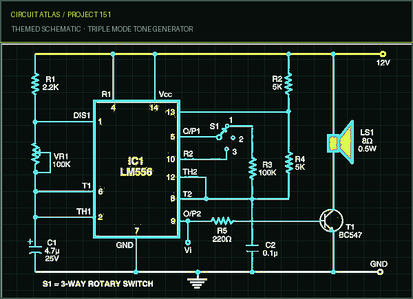 Circuit Atlas themed schematic for Triple Mode Tone Generator Circuit Atlas themed schematic for Triple Mode Tone Generator