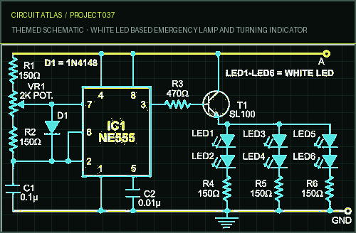 Circuit Atlas themed schematic for White LED Based Emergency Lamp and Turning Indicator Circuit Atlas themed schematic for White LED Based Emergency Lamp and Turning Indicator