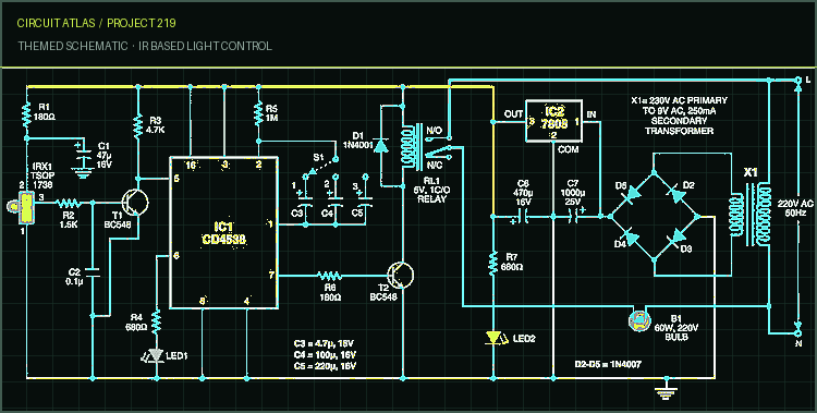 Circuit Atlas themed schematic for IR Based Light Control Circuit Atlas themed schematic for IR Based Light Control