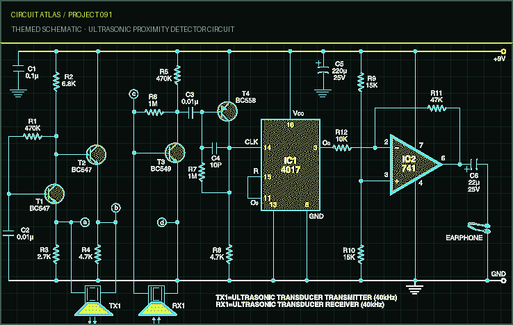 Circuit Atlas themed schematic for Ultrasonic Proximity Detector circuit Circuit Atlas themed schematic for Ultrasonic Proximity Detector circuit