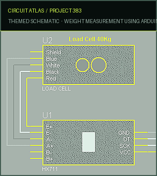 Circuit Atlas themed schematic for Weight measurement using Arduino, the HX711 Module, and a load cell Circuit Atlas themed schematic for Weight measurement using Arduino, the HX711 Module, and a load cell