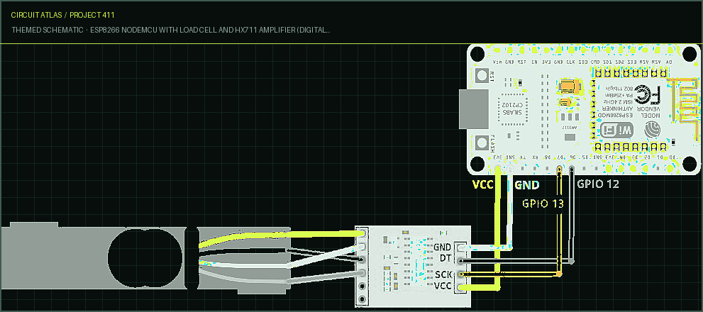 Circuit Atlas themed schematic for ESP8266 NodeMCU with Load Cell and HX711 Amplifier (Digital Scale) Circuit Atlas themed schematic for ESP8266 NodeMCU with Load Cell and HX711 Amplifier (Digital Scale)