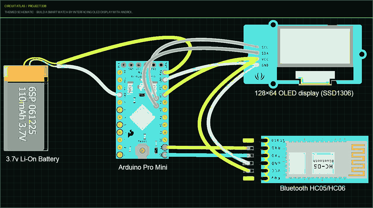 Circuit Atlas themed schematic for Build a Smart Watch by Interfacing OLED Display with Android Phone using Arduino Circuit Atlas themed schematic for Build a Smart Watch by Interfacing OLED Display with Android Phone using Arduino