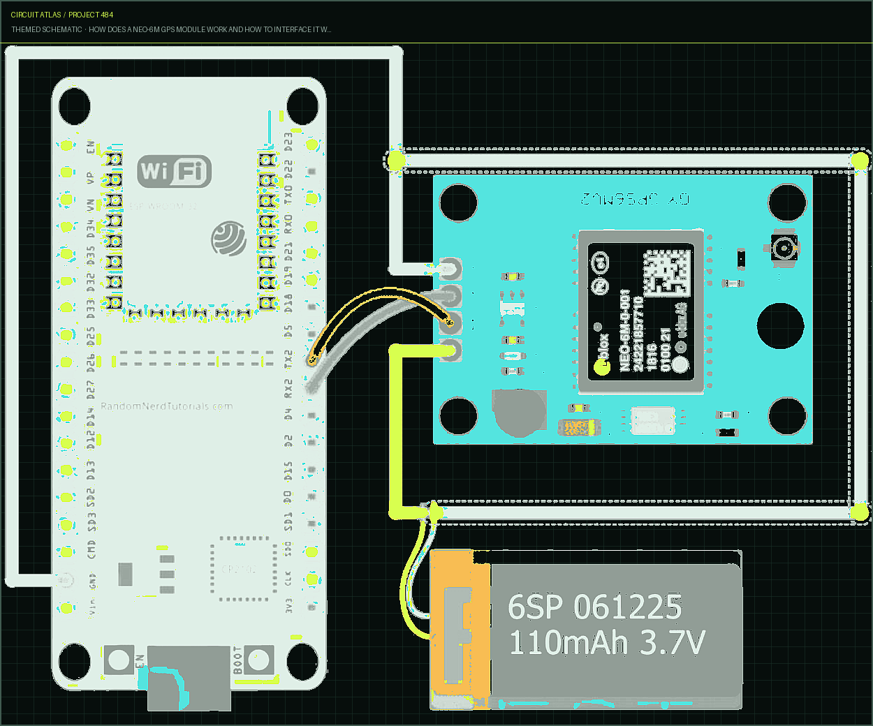 Circuit Atlas themed schematic for How Does a NEO-6M GPS Module Work and How to Interface it with ESP32 Circuit Atlas themed schematic for How Does a NEO-6M GPS Module Work and How to Interface it with ESP32