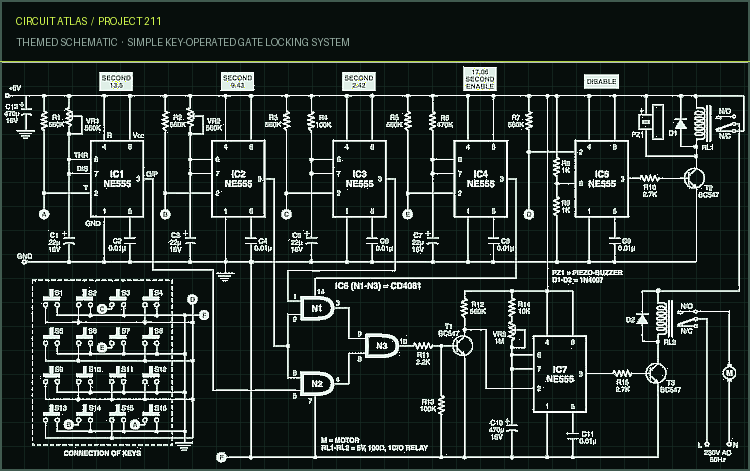 Circuit Atlas themed schematic for Simple Key-Operated Gate Locking System Circuit Atlas themed schematic for Simple Key-Operated Gate Locking System