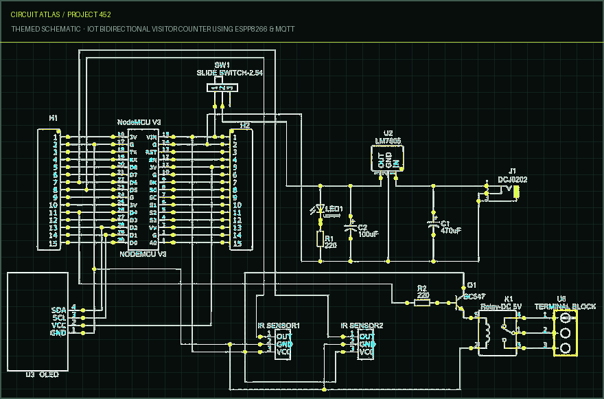 Circuit Atlas themed schematic for IoT Bidirectional Visitor Counter using ESPP8266 & MQTT Circuit Atlas themed schematic for IoT Bidirectional Visitor Counter using ESPP8266 & MQTT