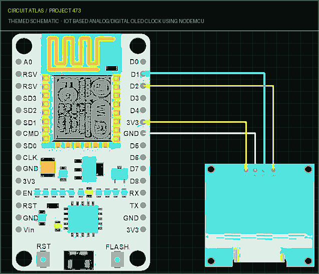 Circuit Atlas themed schematic for IoT Based Analog/Digital OLED Clock using NodeMCU Circuit Atlas themed schematic for IoT Based Analog/Digital OLED Clock using NodeMCU