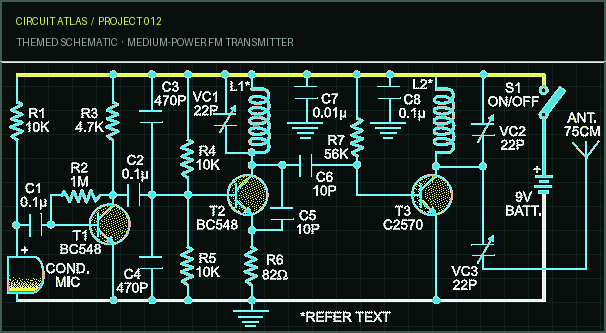Circuit Atlas themed schematic for Medium-Power FM Transmitter Circuit Atlas themed schematic for Medium-Power FM Transmitter