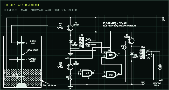 Circuit Atlas themed schematic for Automatic Water Pump Controller Circuit Atlas themed schematic for Automatic Water Pump Controller