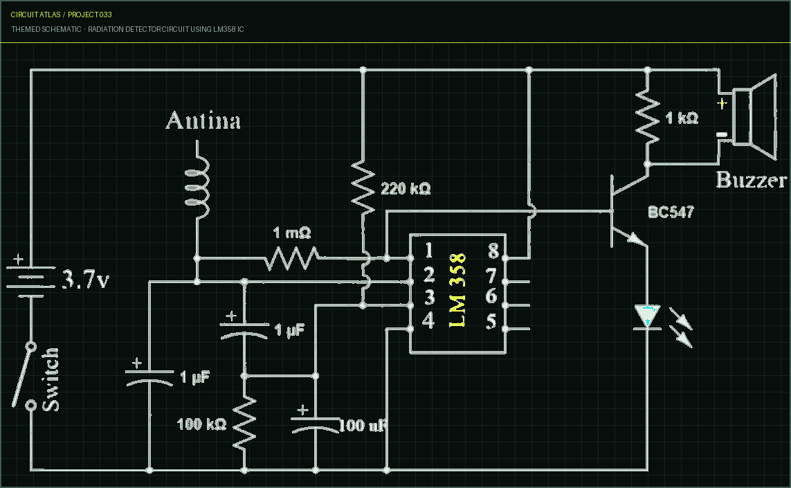 Circuit Atlas themed schematic for Radiation Detector Circuit using LM358 IC Circuit Atlas themed schematic for Radiation Detector Circuit using LM358 IC