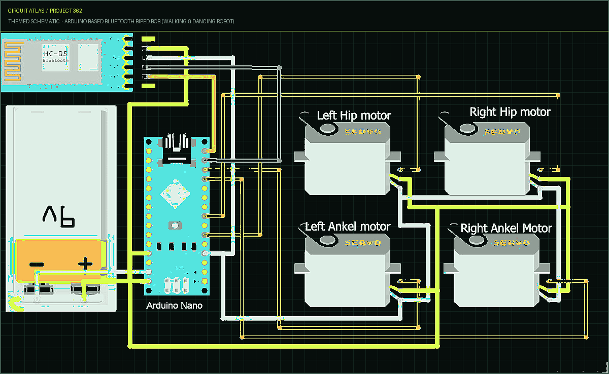 Circuit Atlas themed schematic for Arduino based Bluetooth Biped Bob (Walking & Dancing Robot) Circuit Atlas themed schematic for Arduino based Bluetooth Biped Bob (Walking & Dancing Robot)