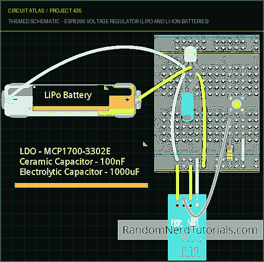 Circuit Atlas themed schematic for ESP8266 Voltage Regulator (LiPo and Li-ion Batteries) Circuit Atlas themed schematic for ESP8266 Voltage Regulator (LiPo and Li-ion Batteries)